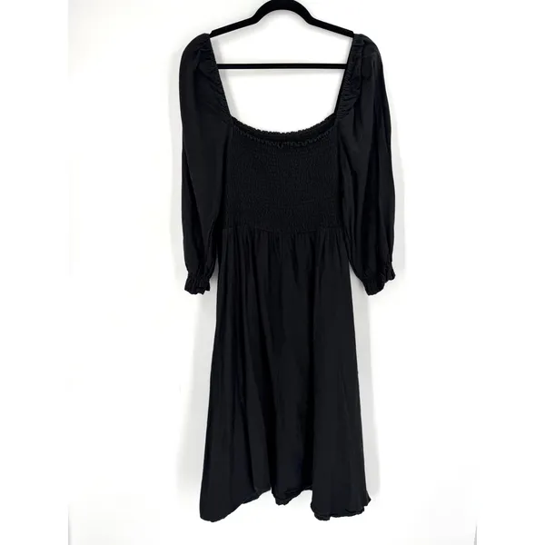 New‎ Look Curves Midi Dress Womens 14 Black Smocked Linen Blend Cottagecore Boho - Image 6