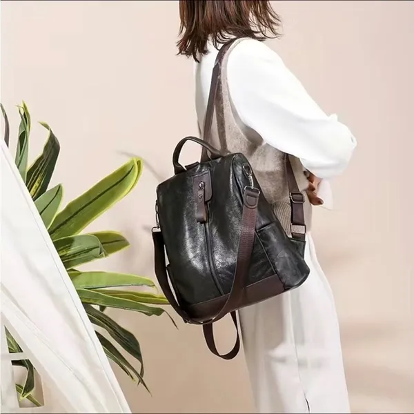 Vegan Leather Backpack One Shoulder Messenger Anti Theft Waterproof Travel - Image 2