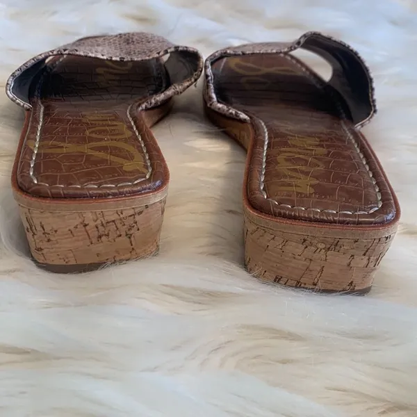 SAM EDELMAN Beige Snakeskin Valery Square Toe Wedge Slip On Slides Sandals 8 M - Image 3