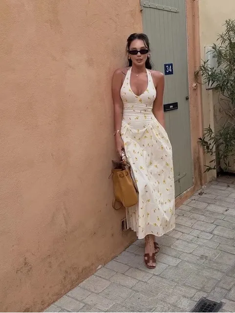 ZARA Lemon Print Halter Midi Dress Cream Yellow NWT Size M - Image 15