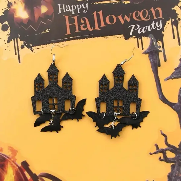 Black Gothic Halloween Theme Acrylic Drop &‎ Dangle Earrings Bat Haunted Castle - Image 6