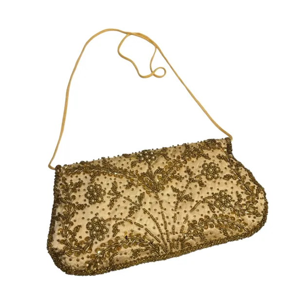 Vintage Gold Beaded Evening Clutch w/ Chain Strap Ivory Satin Floral Embroidery - Image 5
