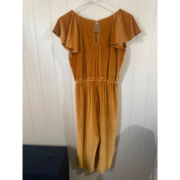 Mustard Gold Velvet Flutter Sleeve Wide Leg Jumpsuit XL 14 Holiday Party - Image 3
