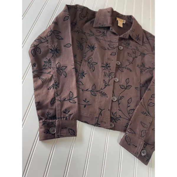 AT Vintage Denim Brown Floral Flocked Velvet Print Trucker Jacket Womens XS - Image 3