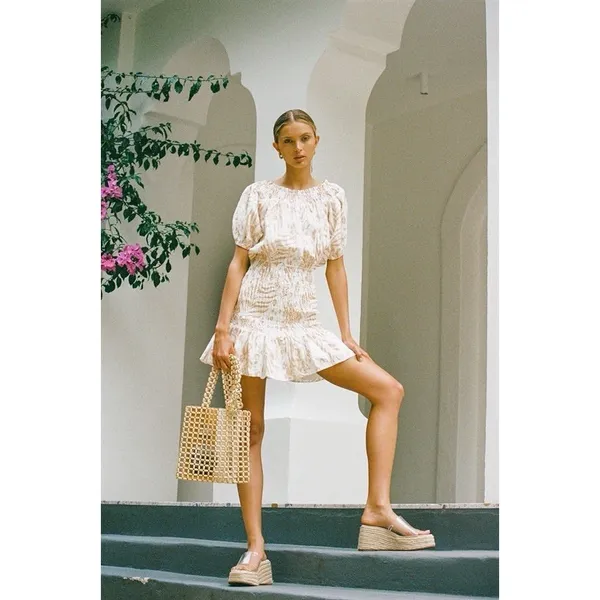 SABO LUXE Camari Linen Dress Smocked Patterned Ruffle Hem‎ White Beige Women's S - Image 3