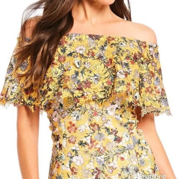 ALEX MARIE Off The Shoulder Yellow Lace Midi Dress Size 6 Wedding Guest Cottage‎ - Image 4