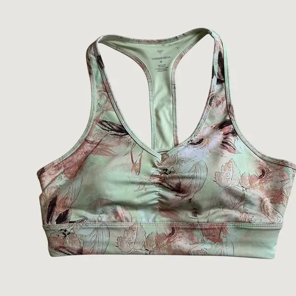 YOGASMOGA Women Mint Green Floral Racerback Ruched V-Neck Sports Bra Medium NEW - Image 2