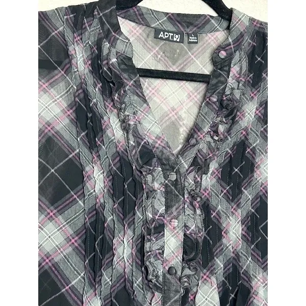 APT 9 Women's L Black Plaid‎ Ruffle Sheer Top w/ Black Tank Top Soft Goth Grunge - Image 7