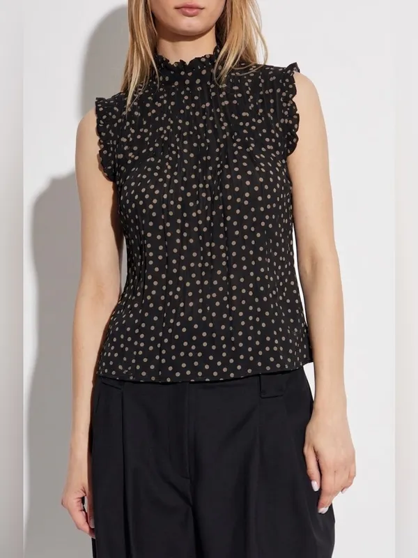 GANNI 2025 Polka Dot Print Mock Neck Smocked Ruffle Pleated Flowy blouse top XS - Image 2