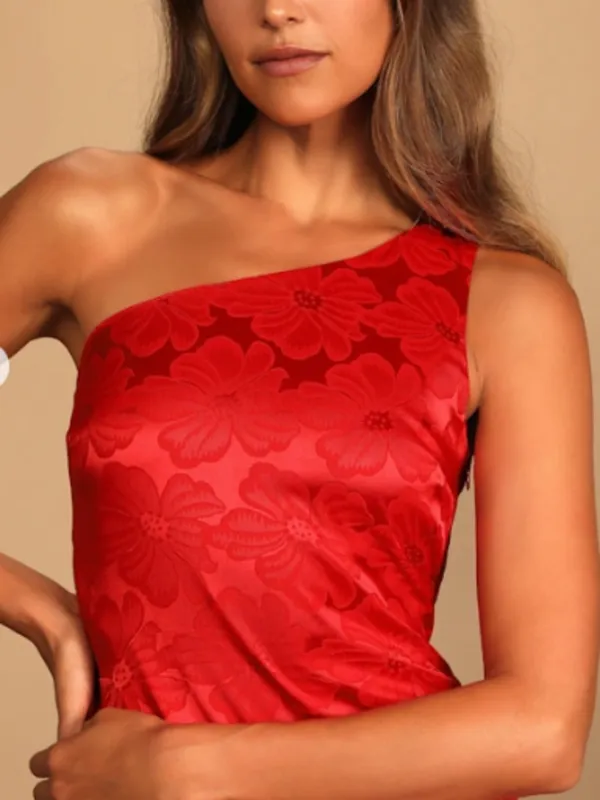 LULUS Sexy Chic Floral Prom Wedding Bridesmaid One Shoulder Satin Maxi - Image 3