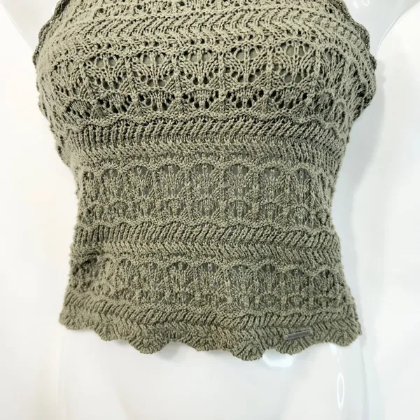 Abercrombie & Fitch XS Halter‎ Top Y2K VTG Crochet Olive Green Cotton Boho 1421 - Image 6