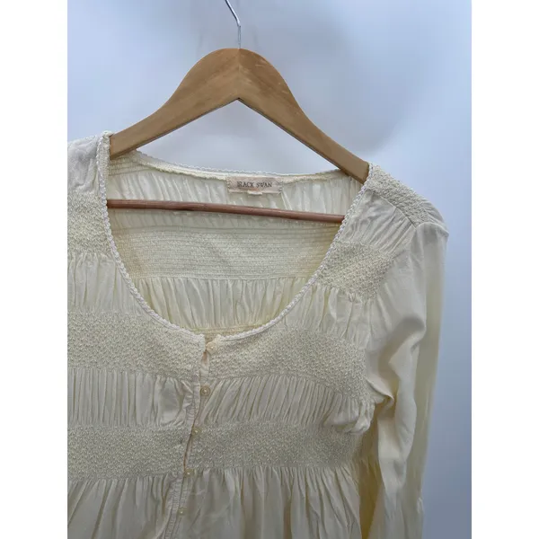 Anthropologie Black Swan Womens Cream Babydoll Top Size M Button Front Boho Smocked‎ - Image 5