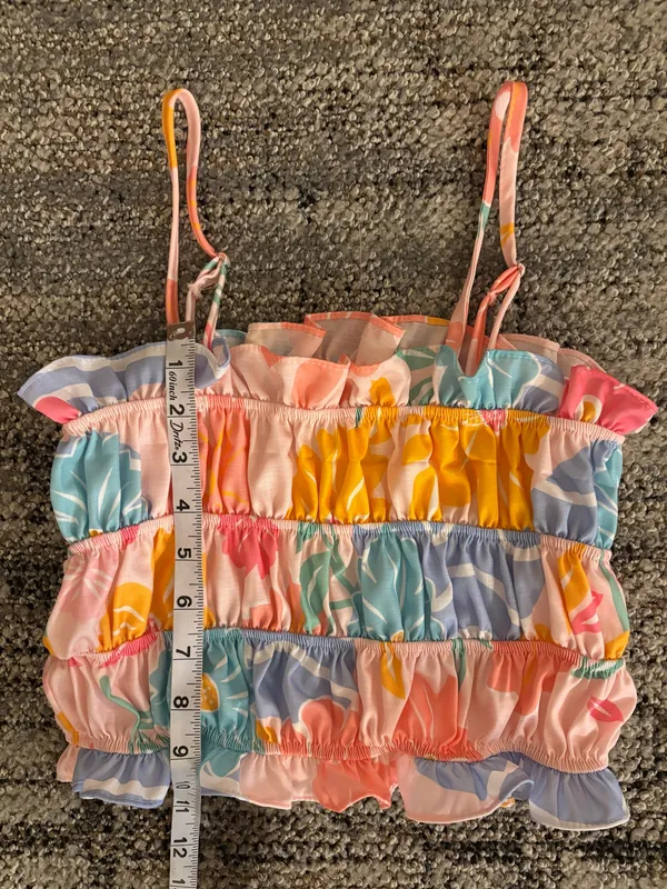 Colorful Floral Print Smocked Camisole Top Spaghetti Strap Size Small - Image 2