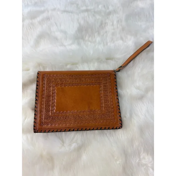Vintage Tooled Leather Clutch Wallet MEXICO‎ Wrist Strap Brown Snap Closure - Image 5