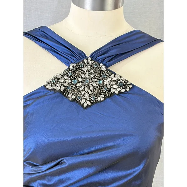 David Meister Sapphire Blue Jewel Embellished‎ Halter Mermaid Gown 4 - Image 3