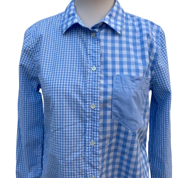 J.Crew Boy Shirt 8‎ Blue White Mixed Gingham Check Button Down Cotton Preppy - Image 2