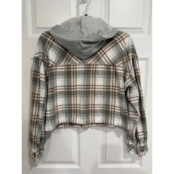 Aeropostale‎ Plaid Cropped Flannel Hooded Shacket Green Brown Large - Image 5