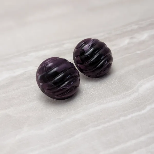 Vintage Stud Earrings Purple Domed Circle with Ridges Retro Statement - Image 2