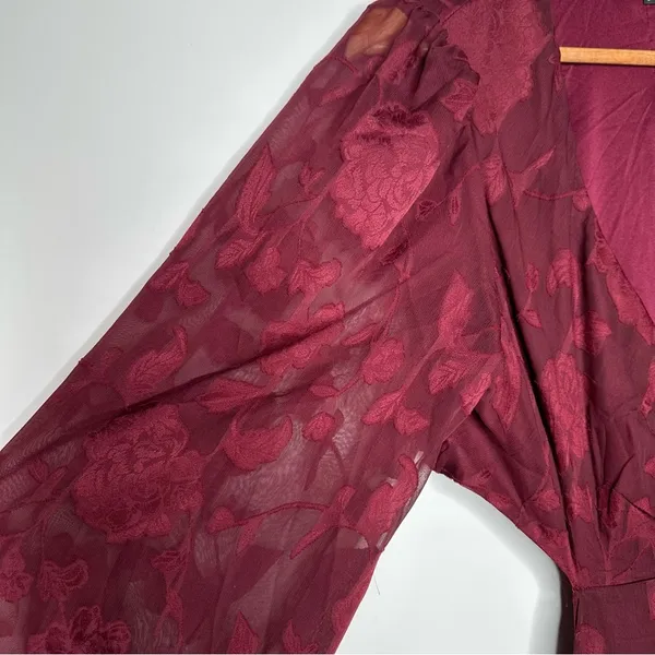 Lulus Desired Aesthetic Wine Red Floral Burnout Long Sleeve Midi Dress Size L - Image 7