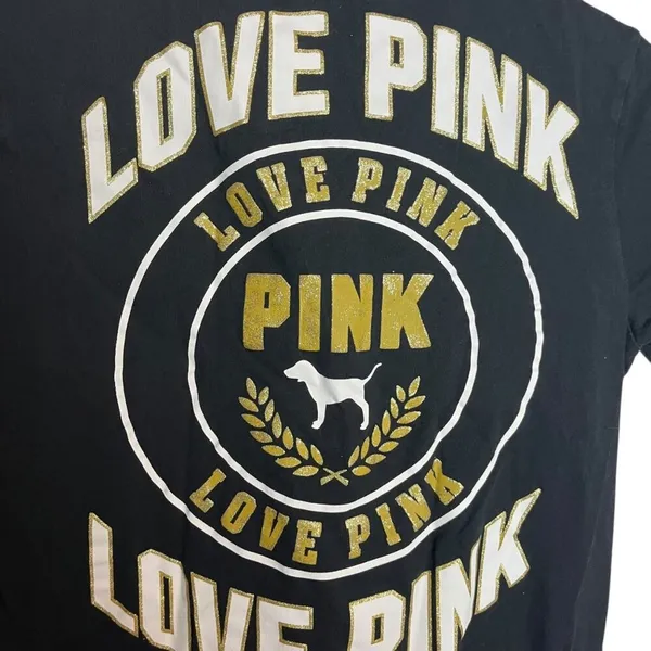 Victoria's‎ Secret Pink Women's XS T-Shirt Black Neck Lacing Dog Logo Love Pink - Image 4