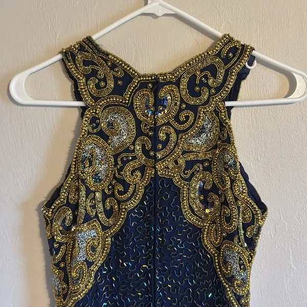 Vtg Laurence Kazar Halter Beaded embellished silk formal gown dress blue gold‎ L - Image 8