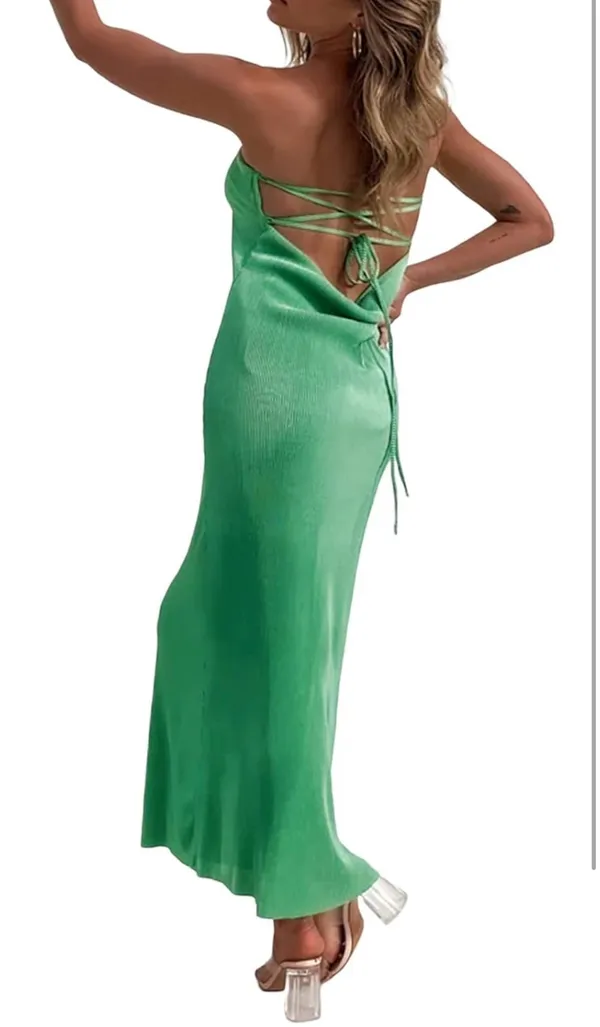 Strapless Pleated Maxi Dress Green - Image 4