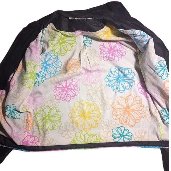 Vtg Y2K Black Colorful Floral Embroidered Silk Full Zip Windbreaker Jacket Sz M - Image 4