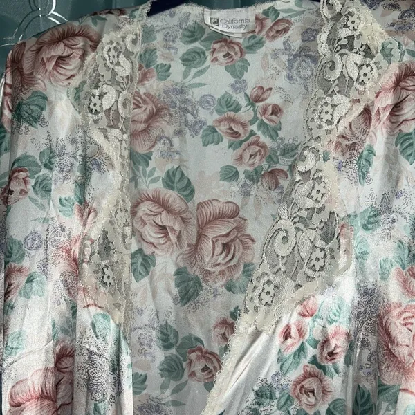 Vintage California Dynasty Long Kimono Robe Womens M Cream Floral - Image 2
