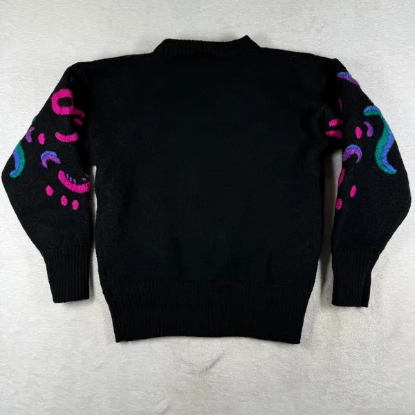 Meister Vintage 80s 100% Wool Black Abstract Embroidered Crew Neck Sweater Small - Image 6