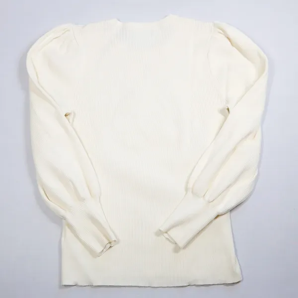 Lauren Ralph Lauren Pullover Women 1X Cream Ribbed Puff Sleeve Gold Button Top - Image 2