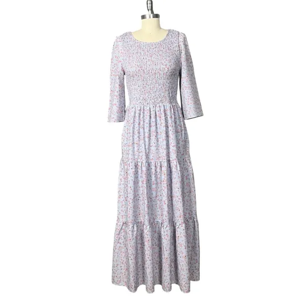 Melloday Baby Blue & Pink Smocked Bodice Tiered Floral Print Maxi Dress M - Image 3
