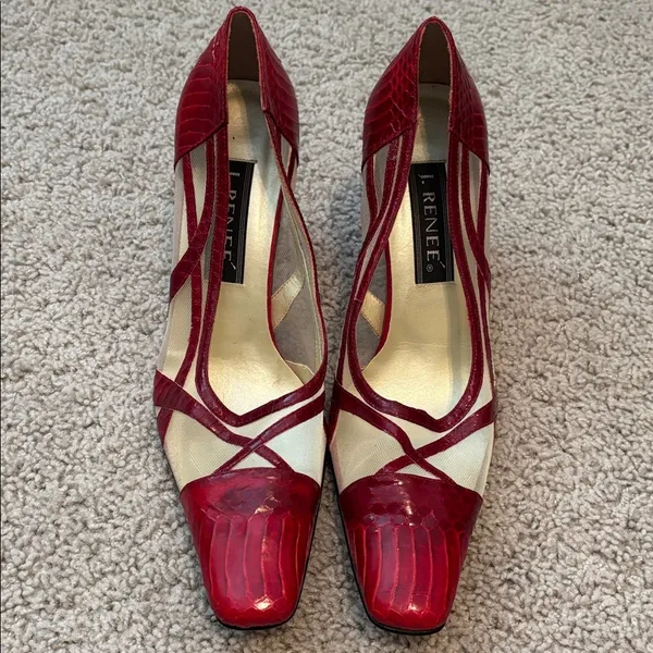 J. Renee Vintage Red Croc-Embossed Heels With Sheer Panel - Image 3