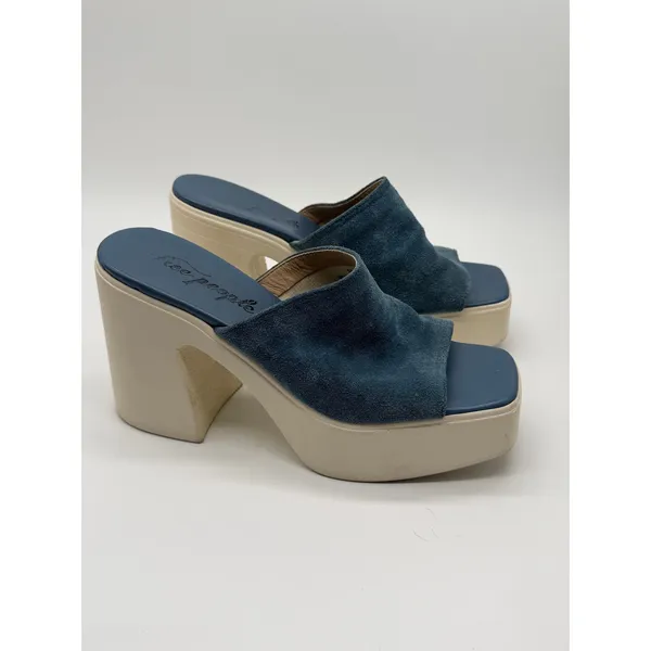 Free People Zoe Platform Sandals 39 Blue Suede Chunky Block Heel Square Toe Mule - Image 3