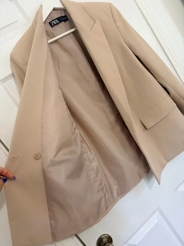 ZARA Beige Double Breasted Blazer XS Tailored Quiet Luxury Minimalist Chic City - Image 10