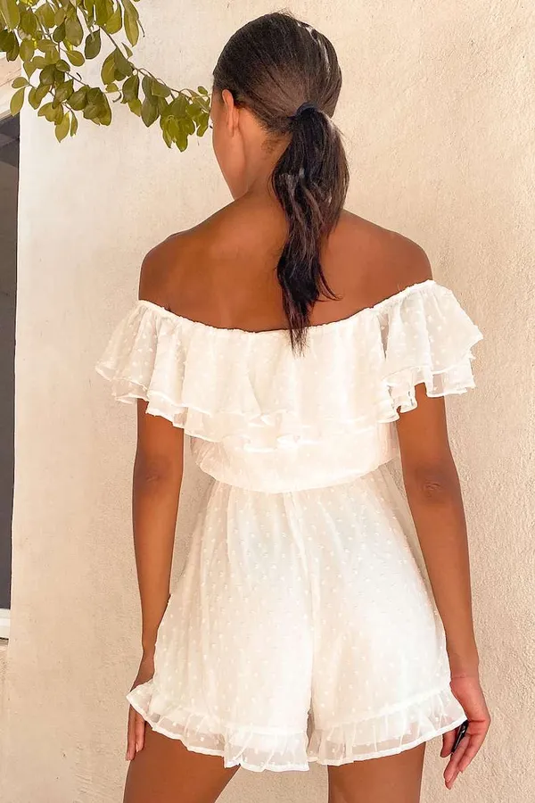 New Frilled to Bits White Swiss Dot Off-the-Shoulder Romper MSRP $58 - Image 4