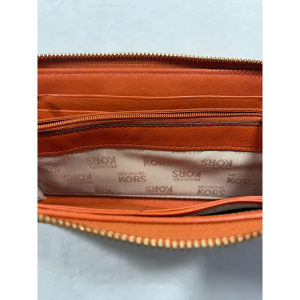 Michael Kors Jet Set Wallet Brown Monogram Canvas Orange Leather Zip Around - Image 5