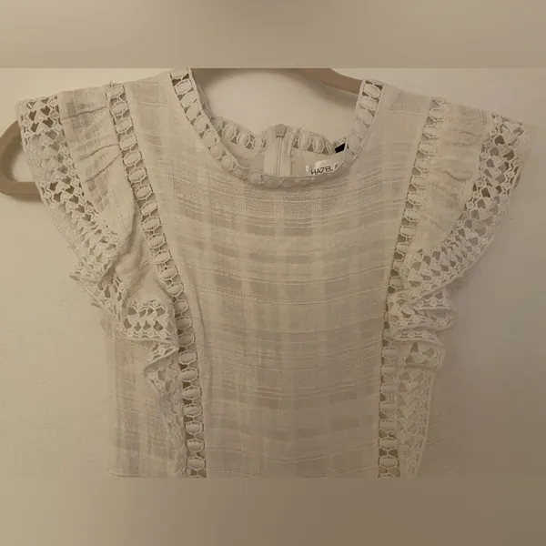 Hazel & Olive White Ruffle Trim High Neckline Short Dress Women’s Sz Small - Image 3
