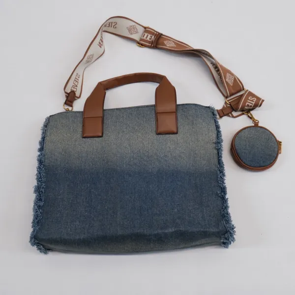 Steve Madden Tote Bag Women Blue Denim Frayed Log Large Satchel - Image 6