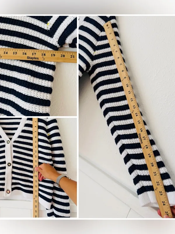 J. Crew Navy and White Striped V-Neck Button Cardigan - Image 9