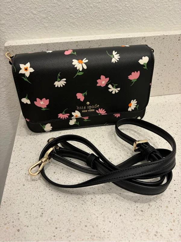 Kate Spade KF441 Madison Floral Waltz Flap Convertible Crossbody Black EUC - Image 3