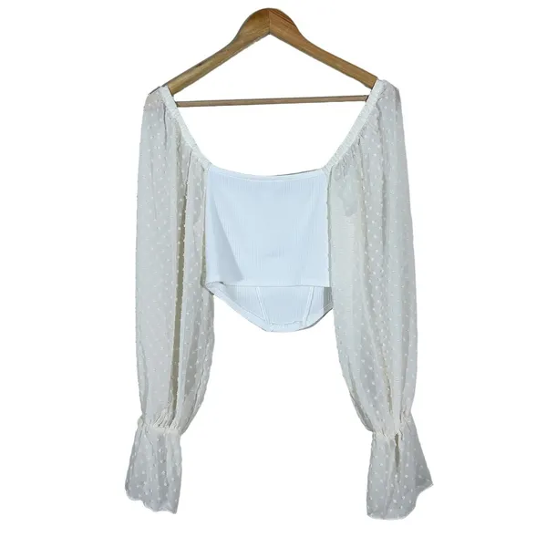 Urban Outfitters Swiss Dot Sleeve Ribbed Cutout Corset Crop Top White Size S - Image 4