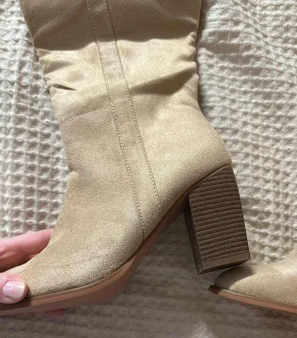 Tall Suede Heeled Boots Tan Size 9 - Image 5