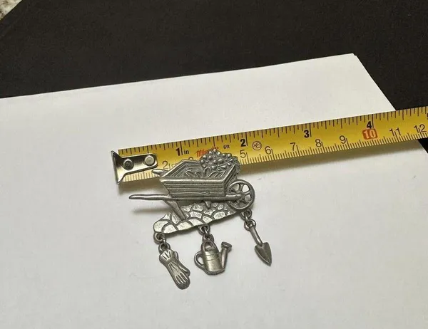 Signed LCD Gardening Wheelbarrow Garden Cart Pewter Silver Tone Brooch Pin - Image 3