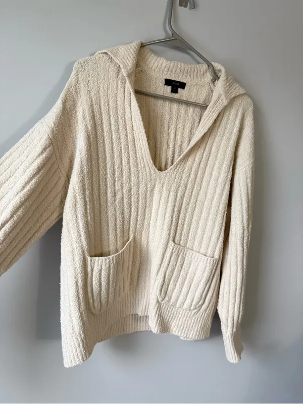 J. Crew Cozy Cream V-Neck Hooded Sweater with Pockets Ribbed Beige Cream Size M - Image 4