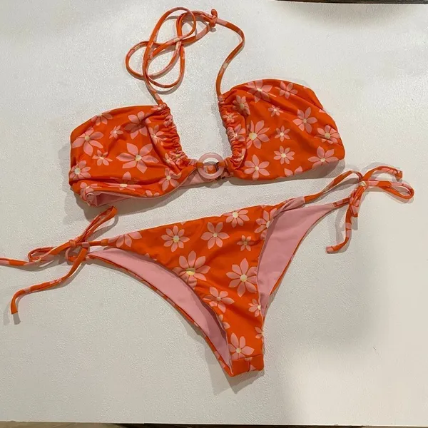 Wrangler Floral Bikini Set Orange Pink Daisy Tie Side Swimwear Estimated XS/S - Image 2