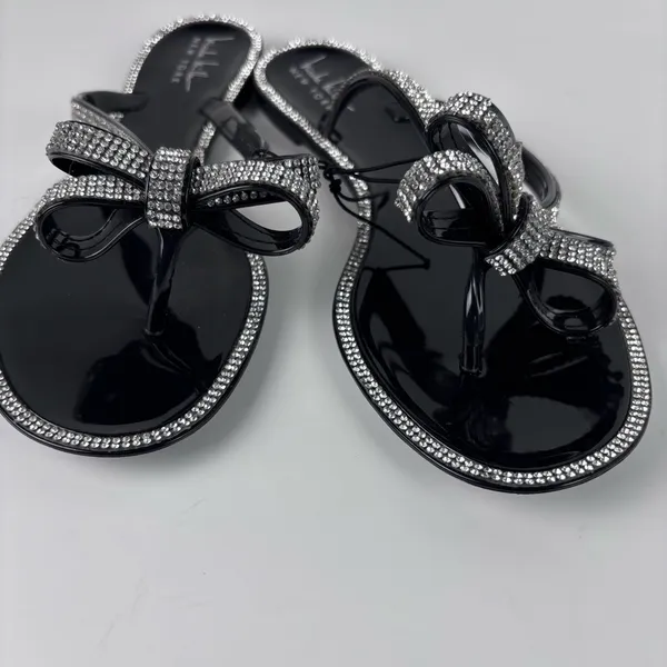 Nicole Miller New York Black Jelly Sandals Rhinestone Bow Bling Slide Size 8 - Image 4