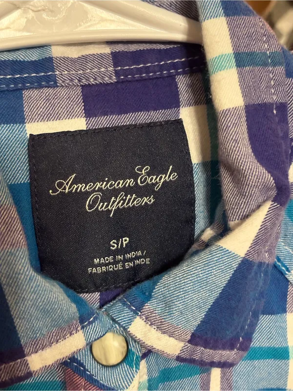American Eagle Plaid Flannel Snap Button Front Shirt Blue Pink Women's Small - Image 6