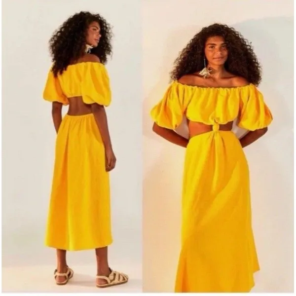 FARM RIO Midriff Dress Size S Yellow Puff Sleeve Off Shoulder Knotted Boho - Image 2