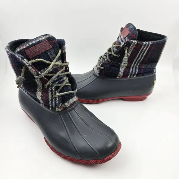 Sperry Saltwater Duck Boots Womens‎ 10 M Blue Red Wool Plaid Waterproof Rubber - Image 3