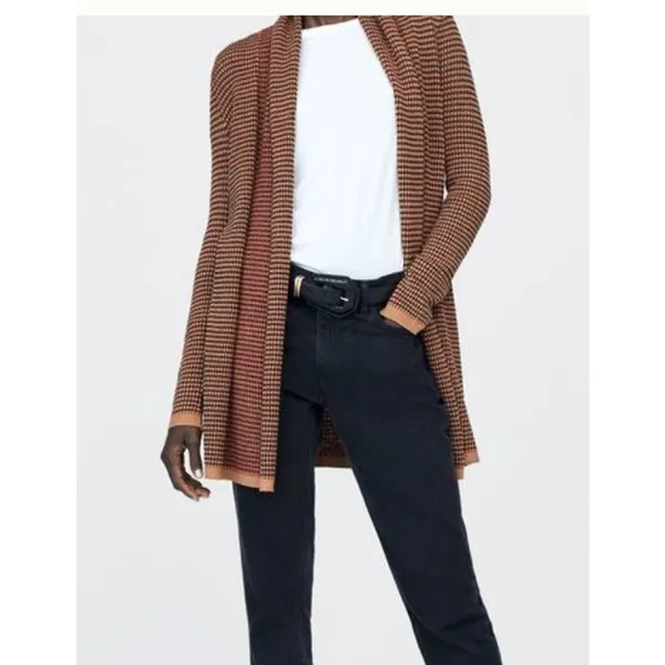 Zara Sweater Women XL Tan Black Red Long Sleeve‎ Open Front Knit Cardigan - Image 3